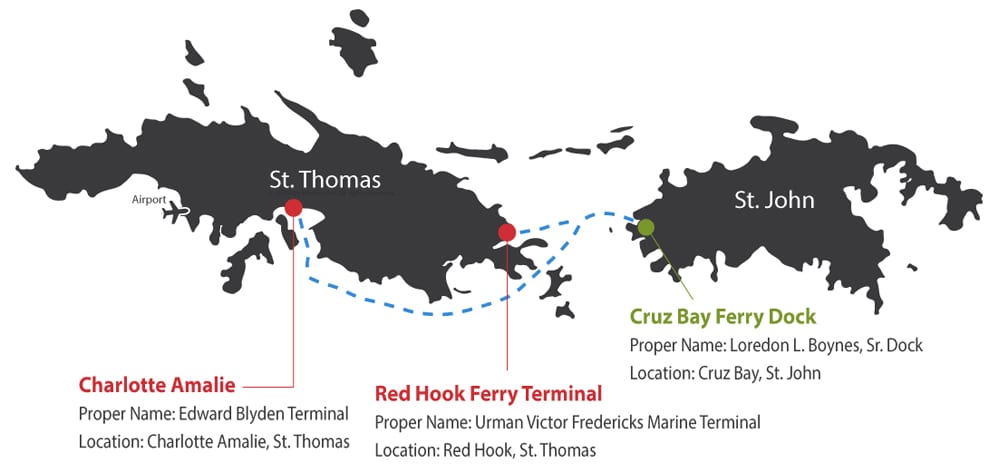 You can take a ferry from St. Thomas to St. John from either the Charlotte Amalie Terminal or the Red Hook Terminal. We recommend taking a ferry from Red Hook.